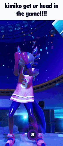 a cartoon character is dancing in a video game with the number 8 on the bottom