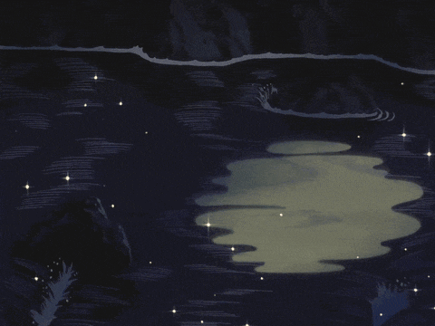 a dark painting of a lake with a few stars in it