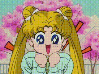 a cartoon girl with a surprised look on her face stands in front of a cherry blossom tree .