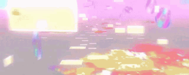 a computer generated image of a landscape with a pink and blue sky and a rainbow in the distance .