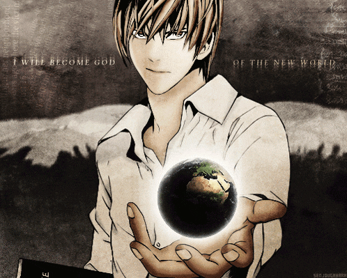 a man holding a globe in his hand with the words i will become god of the new world