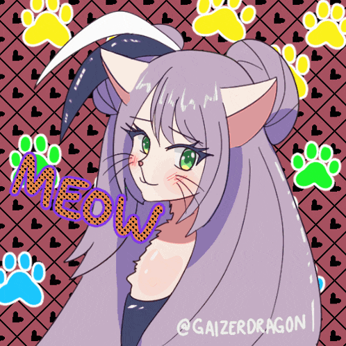 a drawing of a girl with cat ears and the word meow on it