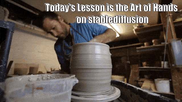 a man making a pot on a pottery wheel with the caption today 's lesson is the art of hands on stable diffusion