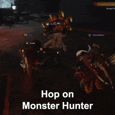 a screenshot of a video game with the words hop on monster hunter on the bottom