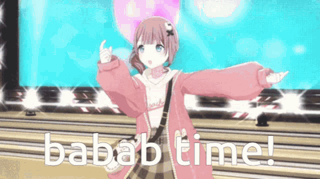 a girl in a pink jacket with the words babab time written on the bottom