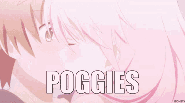 a picture of a girl with pink hair and the word poggies on it