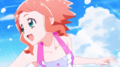 a cartoon girl with red hair and green eyes is flying through the air