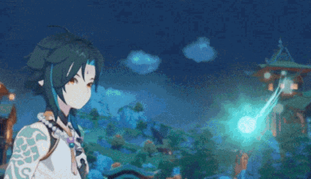 a cartoon character is standing in front of a building with a blue light coming from it .