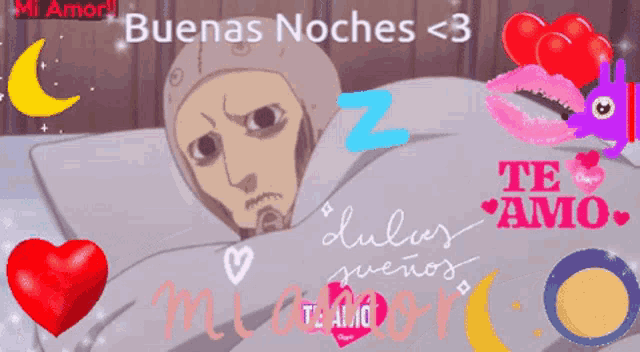 a cartoon of a man laying in bed with the words " buenas noches < 3 " on the bottom