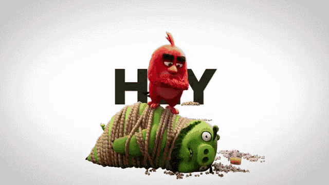 an angry bird sits on top of a green pig with the words let 's hey just above it
