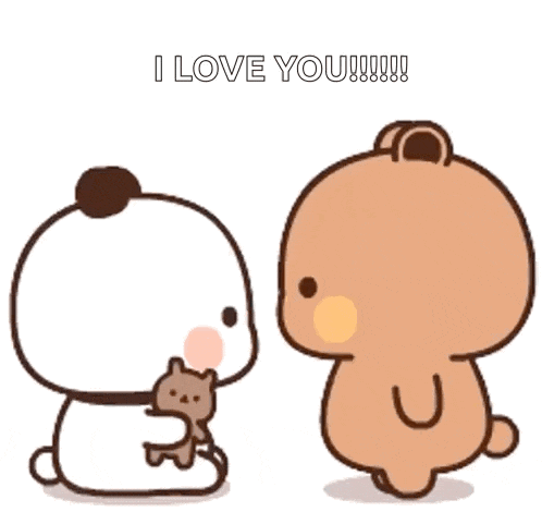 two cartoon bears are standing next to each other and talking to each other .