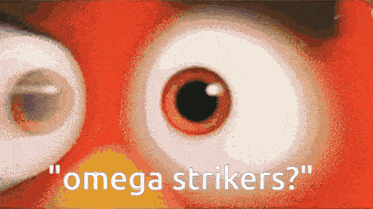a close up of an angry bird 's eyes with the words " omega strikers "