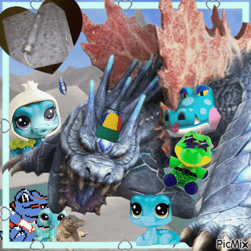 a picture of a group of stuffed animals and a dragon with the words picmix at the bottom
