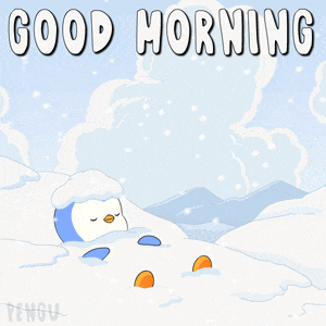 a penguin laying in the snow with the words good morning written above it