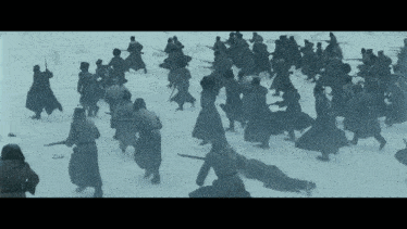 a large group of people are walking in the snow