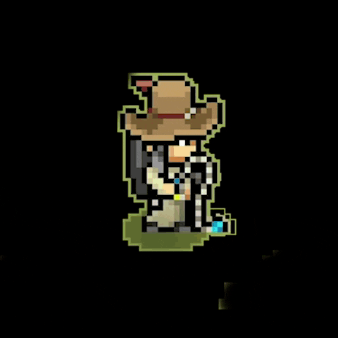 a pixel art drawing of a cartoon character with a yellow glow