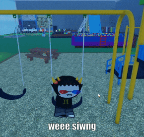 a cartoon character sitting on a swing with the words weee siwng written below him