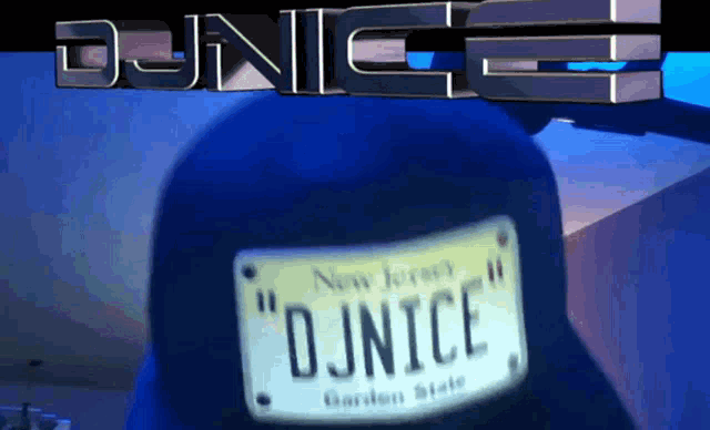 a blue hat with a new jersey license plate that says " djnice "