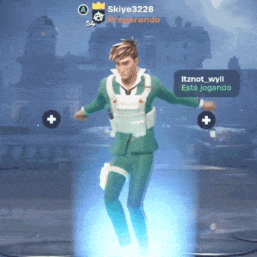 a man in a green suit is dancing in a video game with the name skye3228 visible