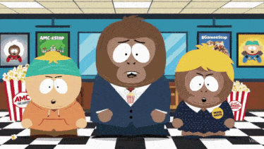 three south park characters are standing in a movie theater with popcorn