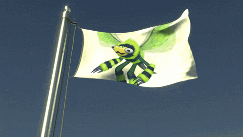 a flag with a dragonfly on it is flying in the wind