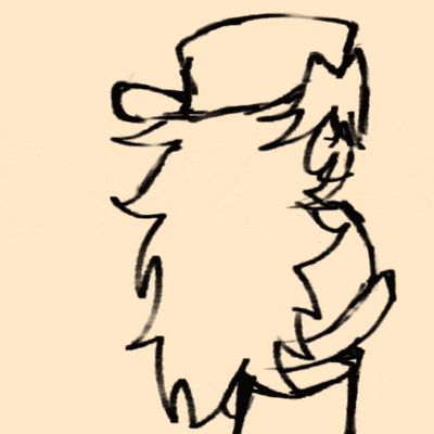 a black and white drawing of a person with long hair and a top hat