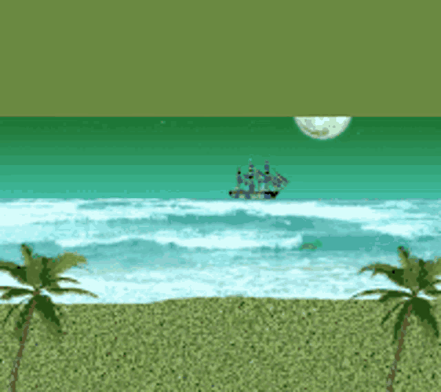 a ship in the ocean with palm trees and a full moon