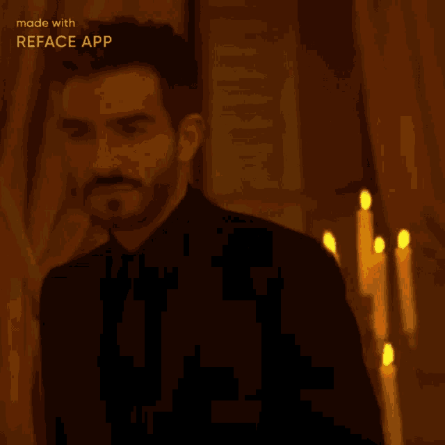 a man with a beard in a dark room with candles and the words made with reface app