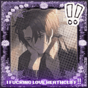 a picture of a man with the words " i fucking love heathcliff "