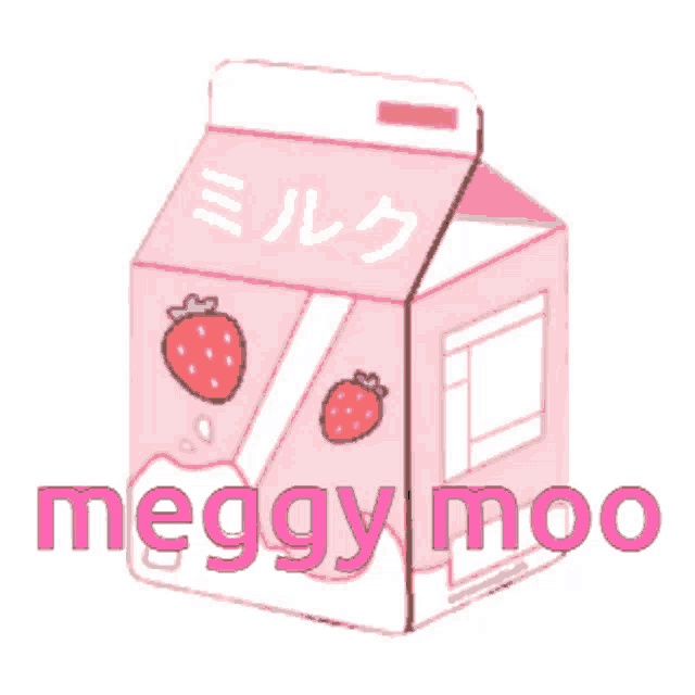 a pink milk carton with strawberries on it and the words meggy moo roi
