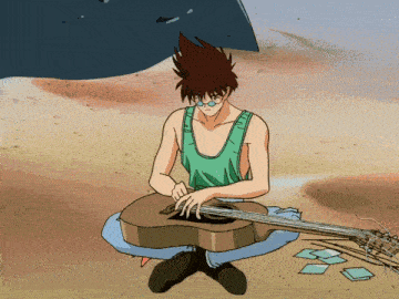 a man in a green tank top playing a guitar