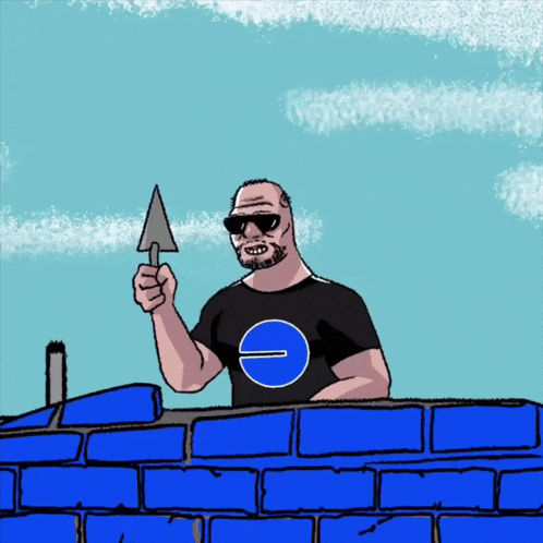 a cartoon of a man holding a trowel over a brick wall