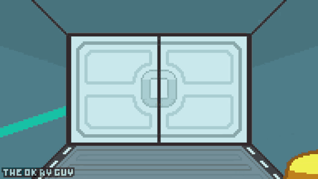 a pixel art of a red among us character standing in a doorway