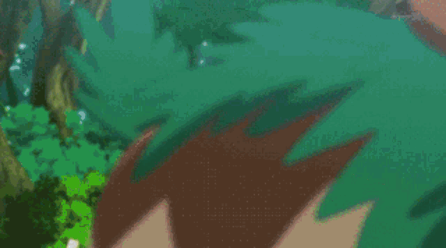 a close up of a cartoon character 's face with red eyes and a green background .