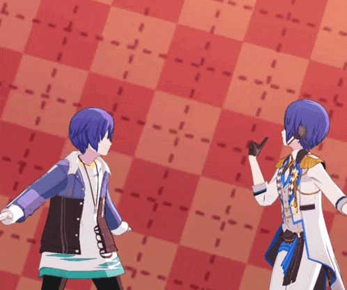 a couple of anime characters standing next to each other