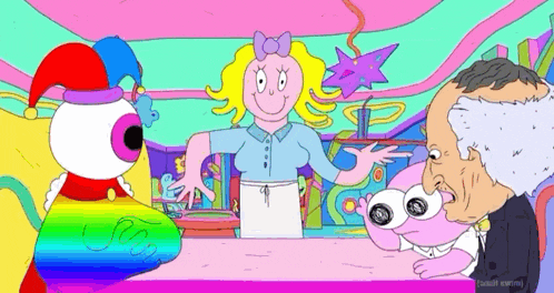 a group of cartoon characters are standing around a table and one of them has a rainbow hat on