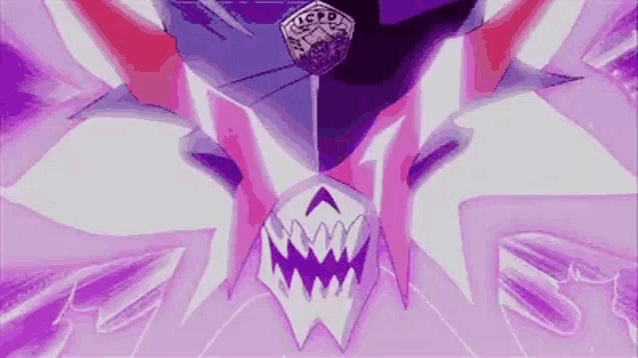 a pixel art drawing of a monster with a purple background and a purple dice in its mouth .