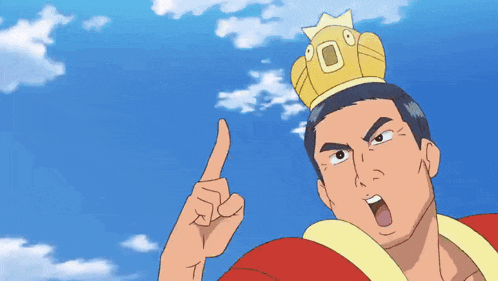 a cartoon man with a crown on his head points up