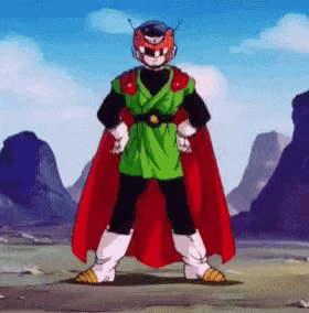 a cartoon character is standing in a field with a red cape and a helmet on his head .