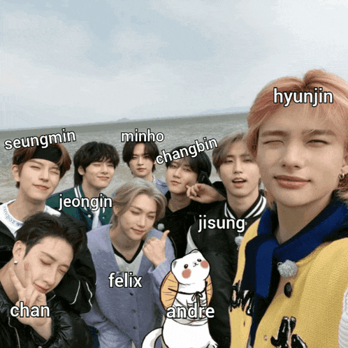 seungmin minho changbin jeongin felix chan and ji sung pose for a picture together