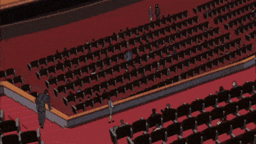 a group of anime characters are sitting in a theatre