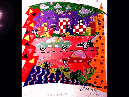 a colorful painting with the words " it 's a day 's life " written on the bottom