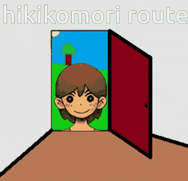 a cartoon of a person looking out of an open door with the words " hikikomori route " written above it