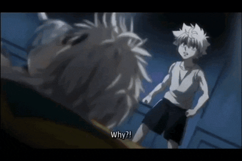 two anime characters are standing next to each other and one of them says why ?