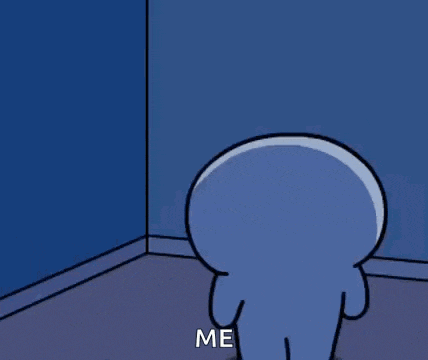 a cartoon character is standing in a corner and says me .