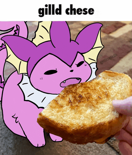 a cartoon of a purple pokemon holding a piece of bread with the caption gild cheese