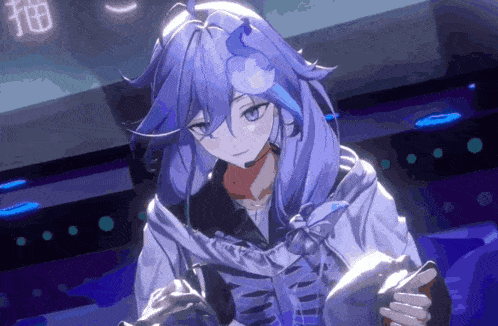 a purple haired anime girl with a microphone on her neck