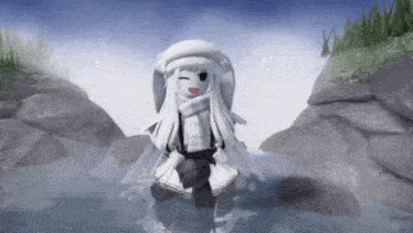 a girl with white hair and a scarf is sitting in a body of water