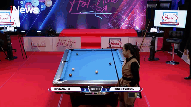 a pool table with a scoreboard that says race to 3 on it