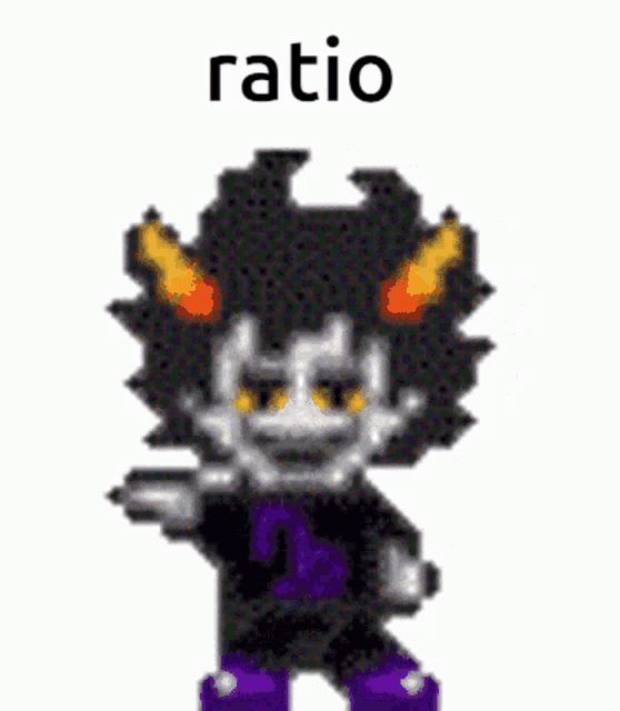 a pixel art of a troll with the words `` ratio '' written on it .